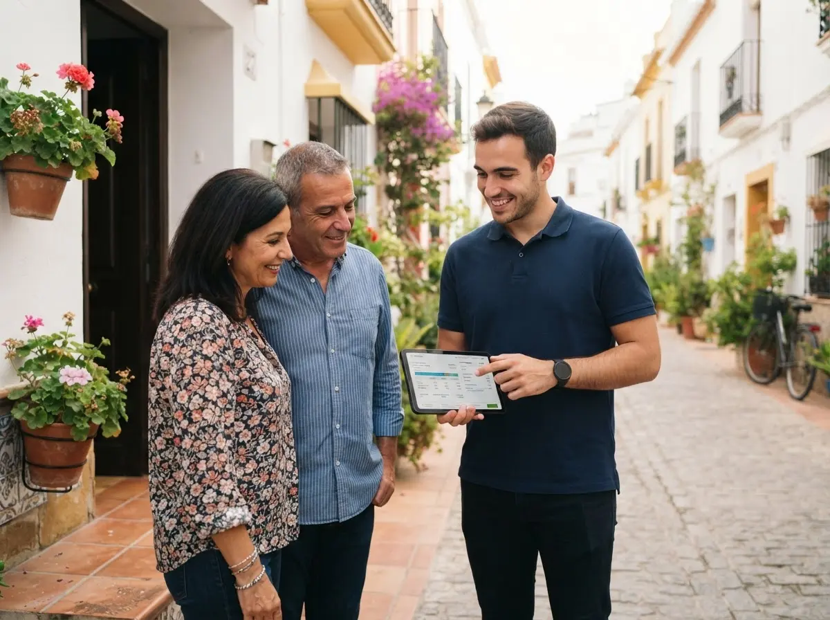 Asesor energético mostrando en una tableta una propuesta de luz y gas a una pareja en la puerta de su casa