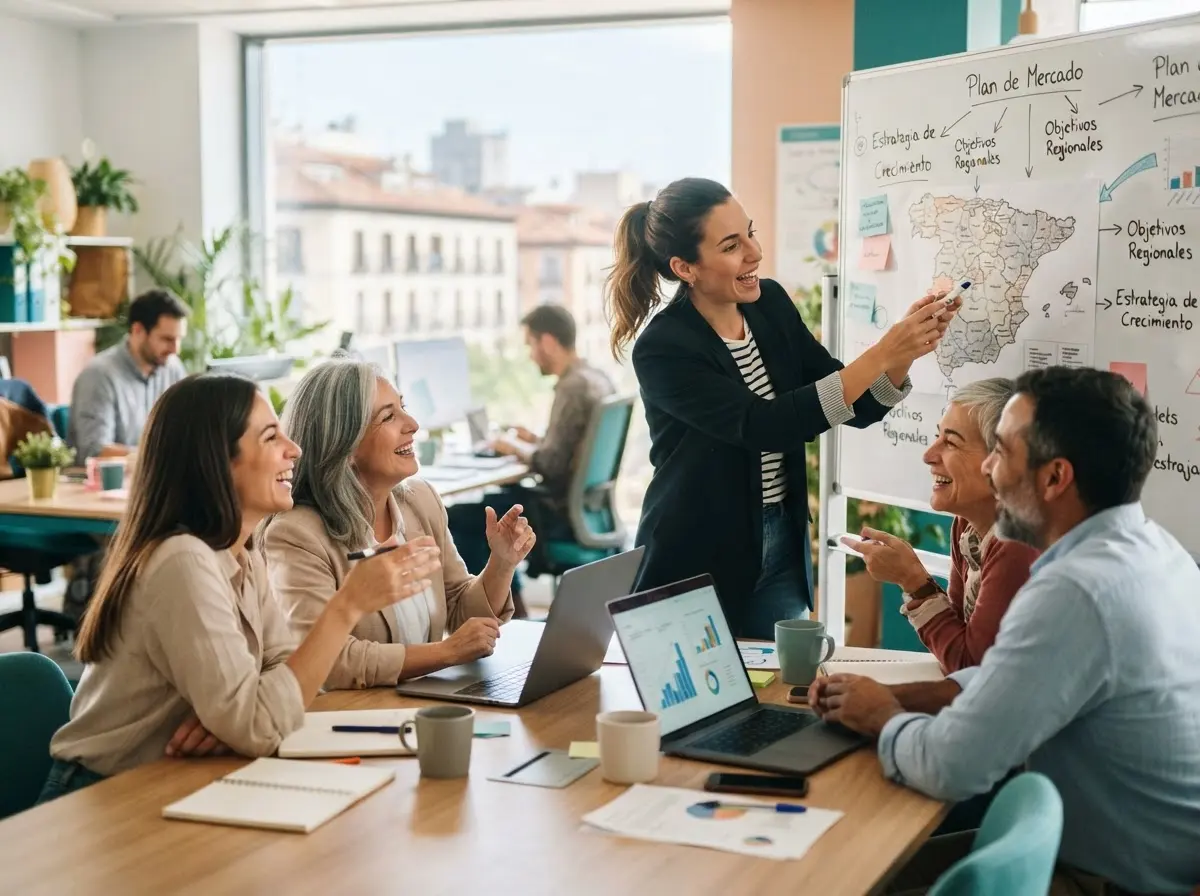 Equipo comercial planificando el lanzamiento de un nuevo proyecto sobre un mapa de España