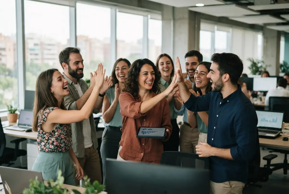 Equipo comercial de North Market celebrando los resultados del día en la oficina