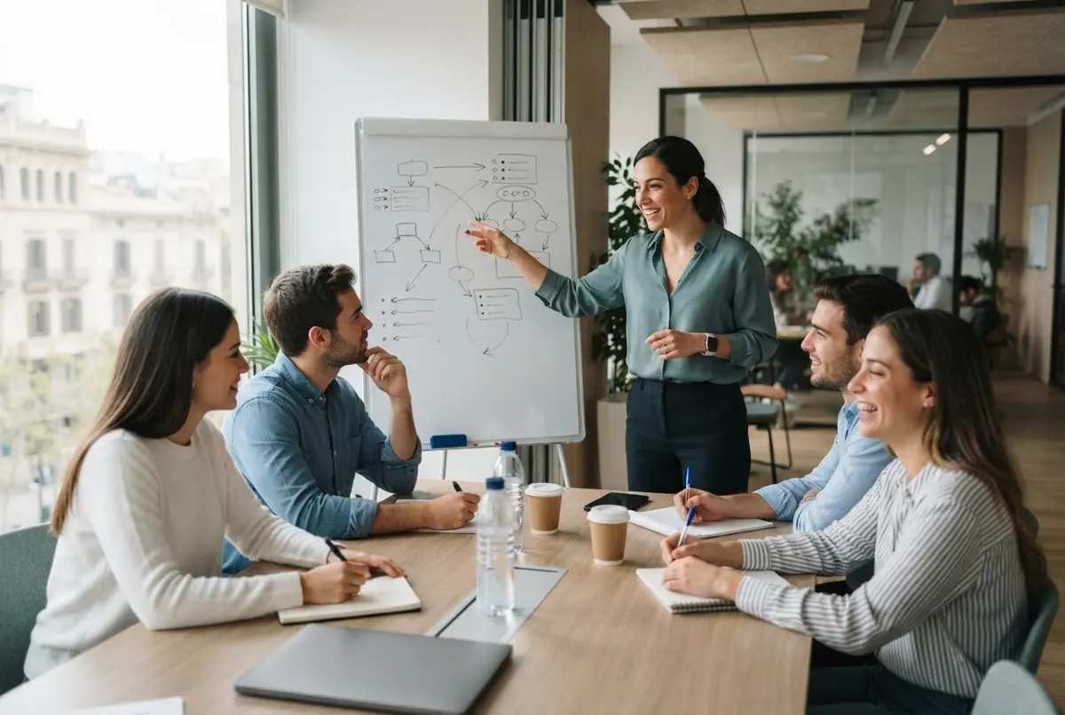 Formadora explicando técnicas de venta a un grupo de nuevos comerciales
