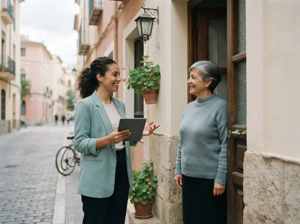 Comercial de North Market atendiendo a una vecina en la puerta de su casa