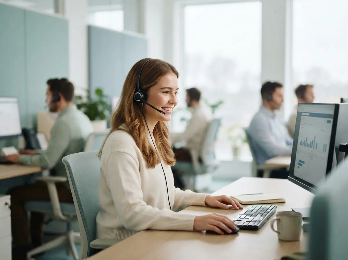 Teleoperadora con auriculares atendiendo una llamada comercial