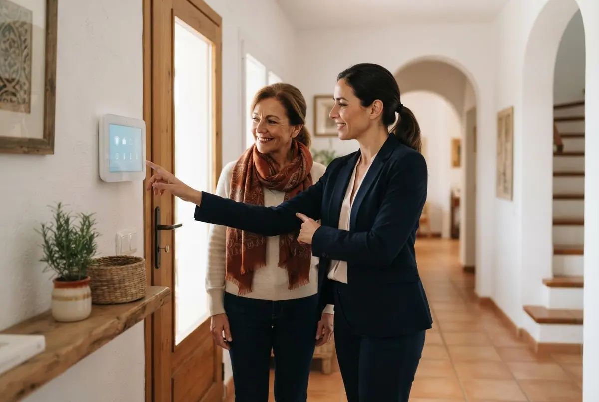 Asesora de seguridad mostrando a una clienta el panel de alarma de su casa