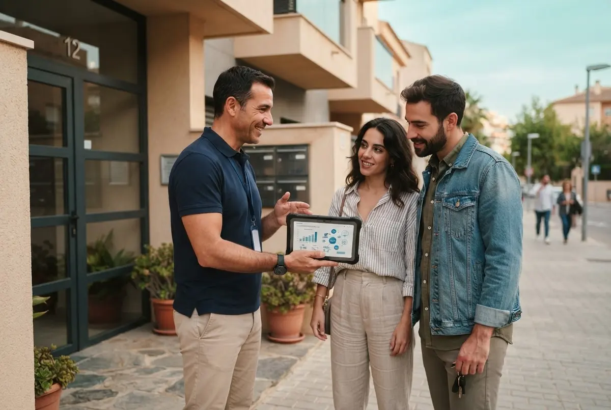 Asesor comercial explicando una oferta de fibra y móvil a una pareja